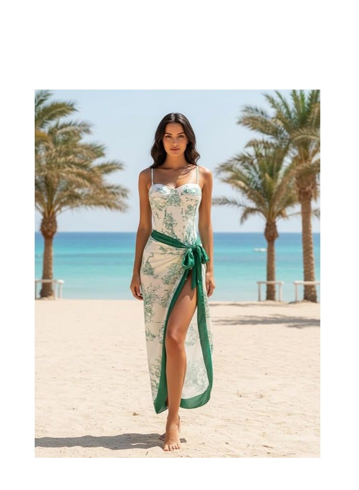 Showday European American Women's Bikini Bathing Suit Women's One Piece Swimsuit with Beach Cover up Wrap Skirt Floral Tummy Control Tankini Set 2 Piece Swimsuit Outfits - Image 2